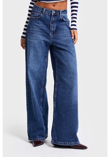 Itsbasic Kadın Koyu Mavi Renk 2w5-5 Süper Baggy Fit Bol Kesim Orta Bel %100 Koton Denim Jean