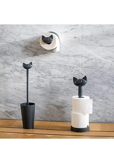 Kedi Başlıklı Gri Tuvalet Kağıdı Rulo Tutucu Siyah