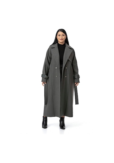 Büyük Beden Deri Biye Detaylı Fleto Cepli Kuşaklı Astarlı Kaşe Uzun Gri Kaban Gri