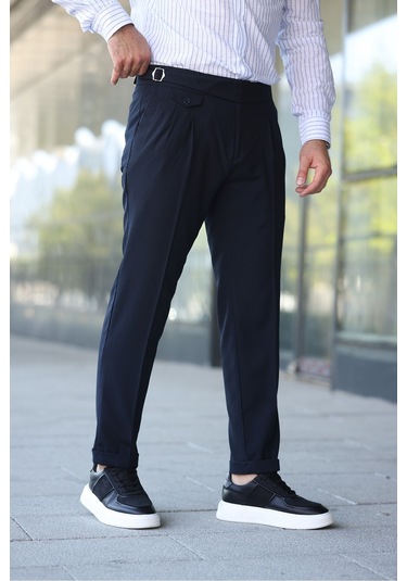 Kuşaklı Pileli Kemer Detaylı Old Money Kumaş Pantolon Lacivert