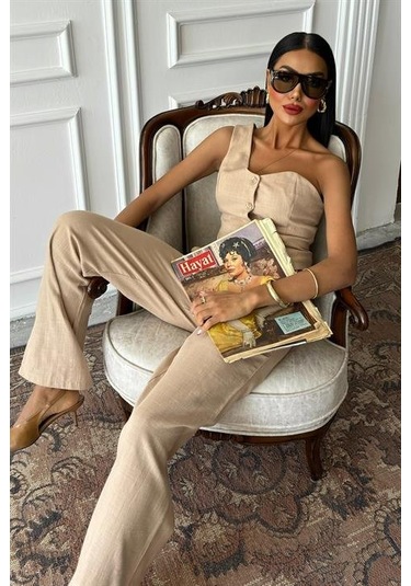 Tek Omuz Büstiyer Plazzo Pantolon Viscon Takım 10159 Bej