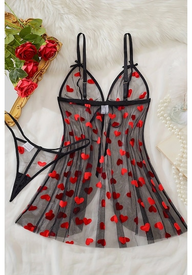 Kalp Desenli Siyah Transparan Gecelik Brf1378 Siyah