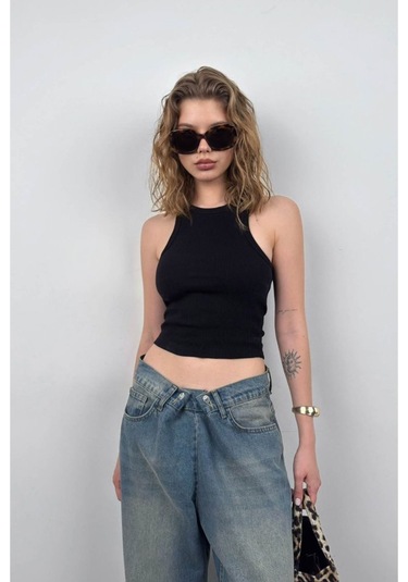 Halter Yaka Kolsuz Bluz Siyah