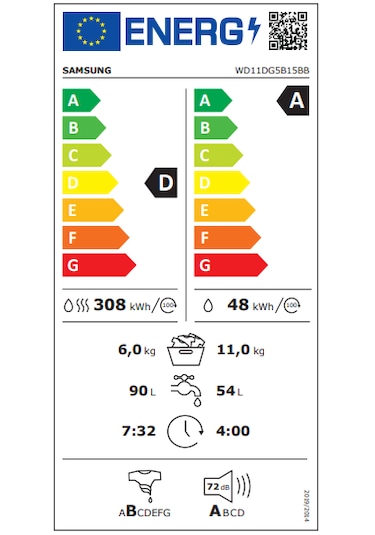 Samsung WD11DG5B15BBAH 11 KG Yıkama + 6 KG Kurutmalı Çamaşır Makinesi Siyah