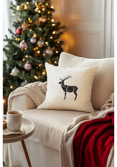 Charm Siyah Geyik Baskılı Beyaz Kırlent 43x43 35263a Beyaz