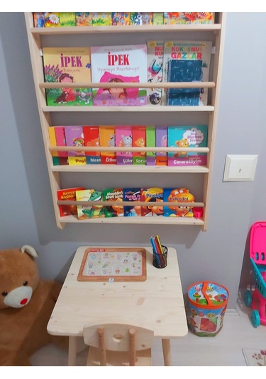 Mrtahsap 3'Lü Takım-Montessori Kitaplık-Masa-Sandalye (Masif Ahşaptan)