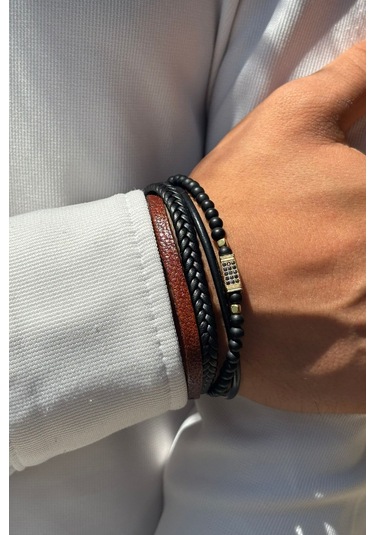 Taşlı Örgülü El İşçiliği İle Üretilmiş Hakiki Deri Erkek Bileklik Siyah - Altın