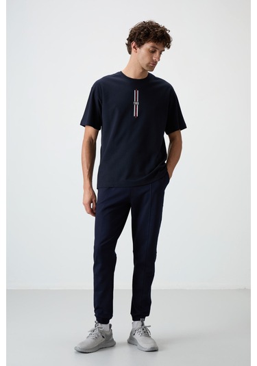 Tommy Life Lacivert Pamuklu Kalın Yüzeyi Dokulu Oversize Fit Baskılı Erkek T-shirt - 88366 Lacivert
