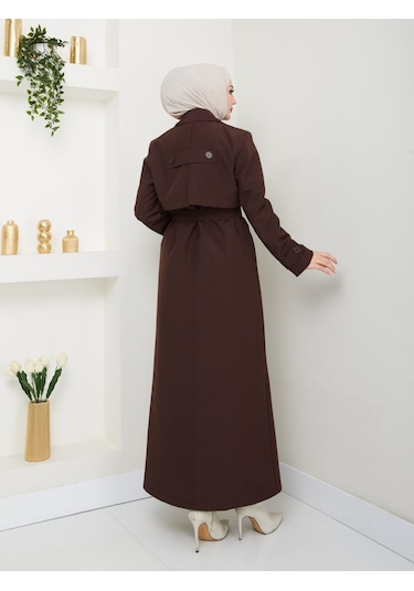 Amazon Keten Kumaş Uzun Boy Düğmeli Astarlı Yumuşak Dokulu Trenç Kot Koyu Kahve Koyu Kahverengi