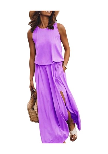 Yuvarlak Yaka Kolsuz Düz Renk Yırtmaçlı Elbise Açık Mor