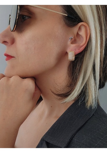 Dikdörtgen Minimal Zirkon Taşlı Zarif Altın Kaplama Gold Renk Çelik Küpe Gold