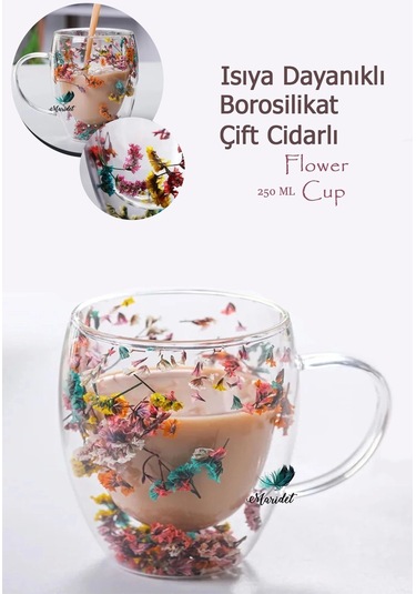 Isıya Dayanıklı Borosilikat Çift Çidarlı Çiçekli Bardak Çiçekli Kahve Sunum Bardağı 250 Ml