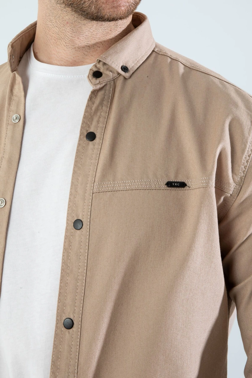 Slim Fit Erkek Cepsiz Kot Gömlek Bej