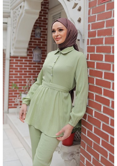 Taş Düğme Detaylı Takım Mint Yeşili Mintyeşili Mint Yeşili