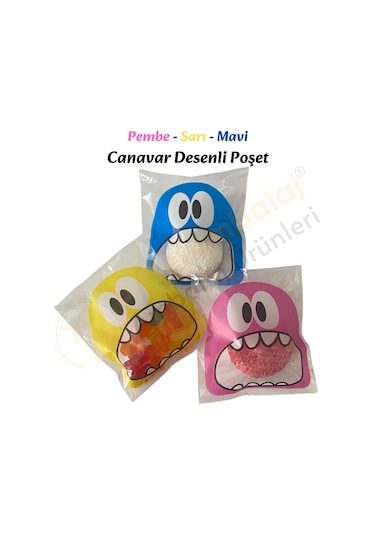 100 Adet Pembe-sarı-mavi Renkli Canavar Desenli Cake Pop & Kurabiye Poşeti-10x15 Cm