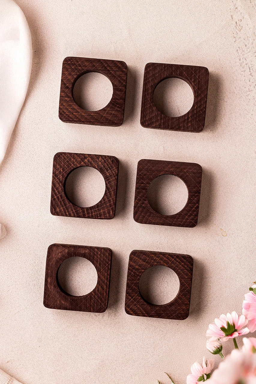 Snippy Tovy - 6'lı Ahşap Peçetelik Servis Peçete Halkası Kahverengi