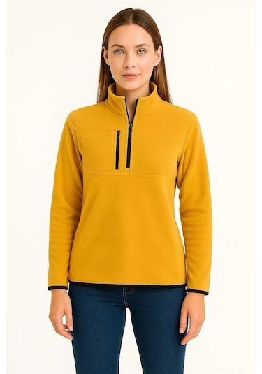 Kadın Polar Kazak Dik Yaka, Yarım Fermuarlı, Fermuarlı Göğüs Cepli, Siyah Biyeli, Kışlık Rahat Reg Sarı