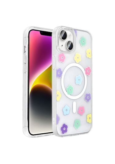 Apple Uyumlu iPhone 14 Kılıf M-safe Şarj Özellikli Şeffaf Mkst Folk Sert Kapak - Papatya Beyaz