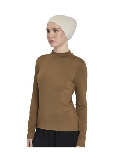 Kadın Organik Uzun Kollu Balıkçı Yakalı Body Açık Çikolata