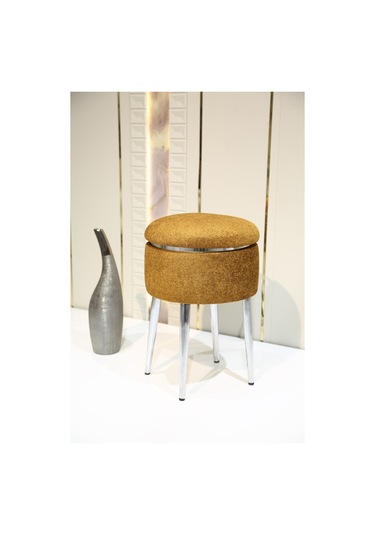 Bella Metal Ayaklı Sehpalı Teddy Kumaş Sehpa&puf Krom - Turuncu