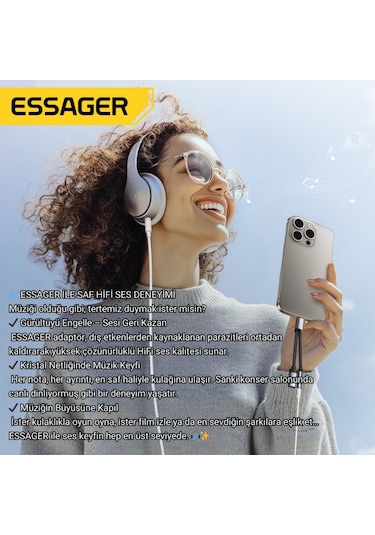 Essager 2in1 Type-c Adaptör 60w Hızlı Şarj + Type C Kulaklık Çıkışı, Hifi Ses Ve Hızlı Şarj Adaptörü Gri