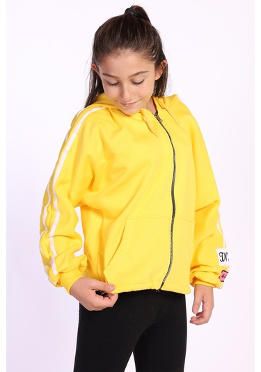 Toontoy Kız Çocuk Kol Üstü Şeritli Armalı Salaş Hırka Sarı