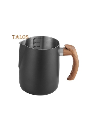 Siyah 600/1000 Ml Süt Köpürtme Sürahi Hassas Ölçekli Ahşap Saplı Damlamasız Borulu Paslanmaz Çelik Latte Kahve Fincanı 1000ml
