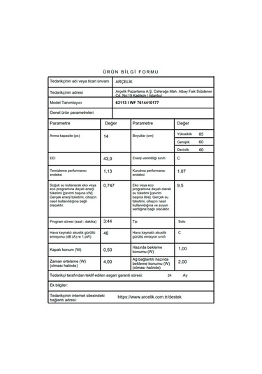 Arçelik 62113 I WF 11 Programlı 14 Kişilik Bulaşık Makinesi