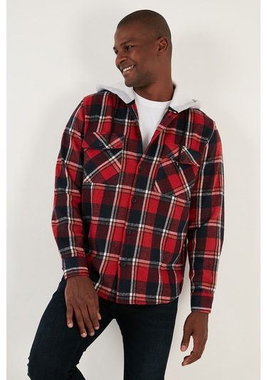 Buratti Ekoseli Çift Cepli Kapüşonlu Oduncu Erkek Gömlek Cf22W2650 Kırmızı-Lacivert