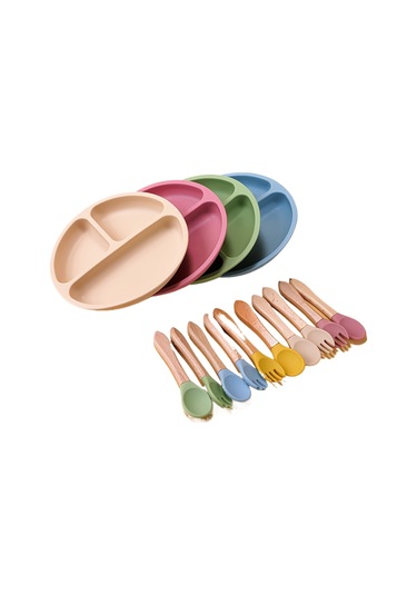 Silikon Bebek Beslenme Seti - Bölmeli Vakumlu Bardak, Renkli Kaşık Ve Çatal
