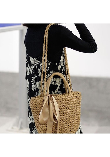 Kahve & Siyah Yogodlns El Yapımı Hasır Çanta Kurdelalar Ilmek Plaj Örgü Çanta Tote 32cm 26cm
