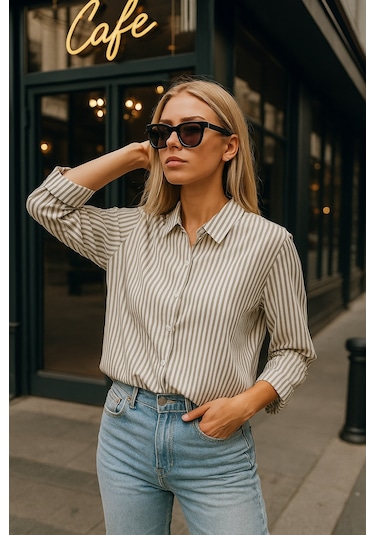 Kadın Çizgili Oversize Gömlek Haki Beyaz Pamuk Gömlek Haki
