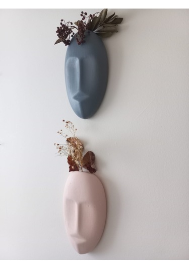 Dekoratif 2'li Yüz Duvar Vazosu, Duvar Süsü ,heykel Aksesuar Gri Bej