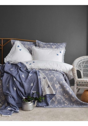 Apricitas Home Timeless Prime Set Albatros İndigo Çift Kişilik %100 Pamuk Battaniyeli Nevresim Takımı