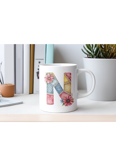 N Harfli Retro Çiçekli Kupa Bardak - Patchwork Tarz Yamalı Desenli İsme Özel Kupa - Hediye 07 Beyaz