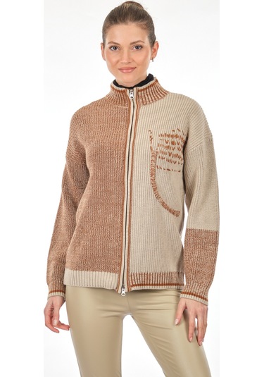 Unique Mode Dik Yaka Yazılı Uzun Kollu Karamel Kadın Hırka UW2310 Karamel