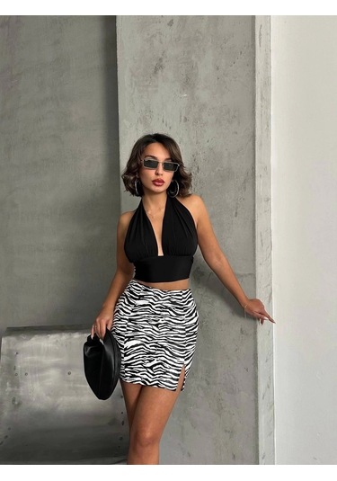 Tek Yırtmaçlı Zebra Desenli Deri Etek Beyazsiyah W24475-s Beyaz