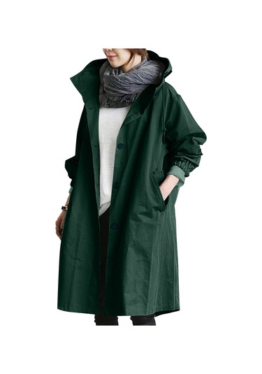 Kadınlar İçin Orta Uzunlukta Bol Rüzgarlık Ceket Koyu Yeşil