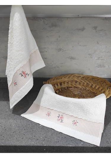 %100 Pamuk & Nakışlı Havlu Takımı - 2'li Dantelli Havlu Seti - 40x60 Cm Somon Somon