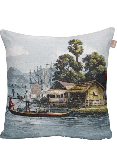 Belıeve Balıkçı Jakarlı Dokuma Goblen Dekoratif Manzaralı Kırlent 45 45