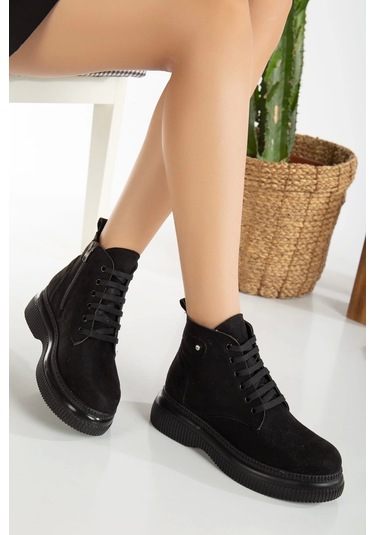 Jiwa Siyah Süet Bağcıklı Bot Çok Renkli