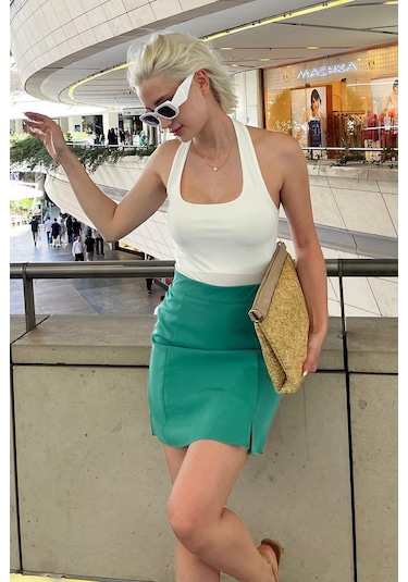 Madmext Yeşil Yüksek Bel Önden Yırtmaçlı Kısa Etek Mg2086 Yeşil