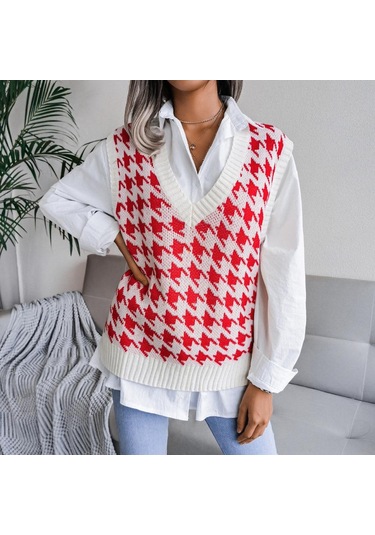 Kazak Yelek Kadın V Boyun Örme Yelek Streetwear Sonbahar Kış Vintage Giyim Rahat Gevşek Kolsuz Kazak Kırmızı