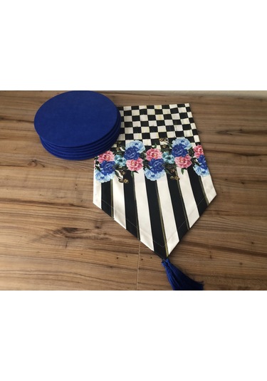 Dama Mavi Çiçek Desenli Runner & Supla Çok Renkli