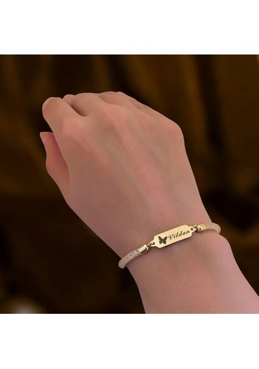 Archin Vildan İsmine Özel Hasır Kordonlu Kelebek Motifli 14 Ayar Altın Plakalı Hediye Bileklik-647isim Vildan