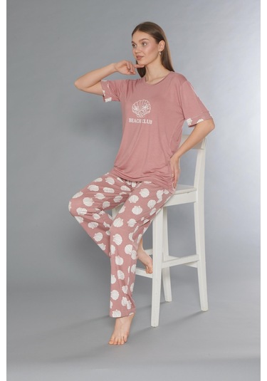 Flz Kısa Kol Yazlık Viskon Pijama Takımı Beach Club Flz 88-110 GÜL KURUSU