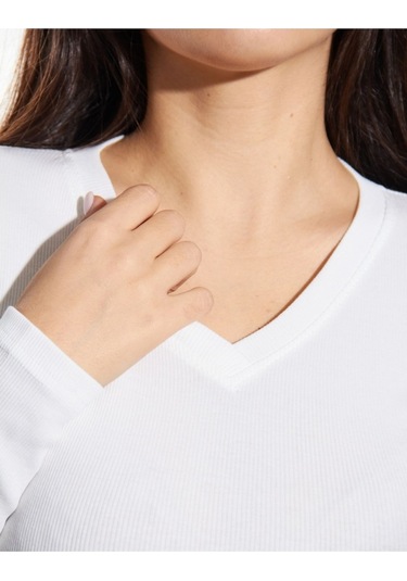 Pamuklu Kaşkorse V Yaka Body Sweatshirt, Fitilli Kumaş Likralı Bluz, Asker Yeşili Badi Beyaz