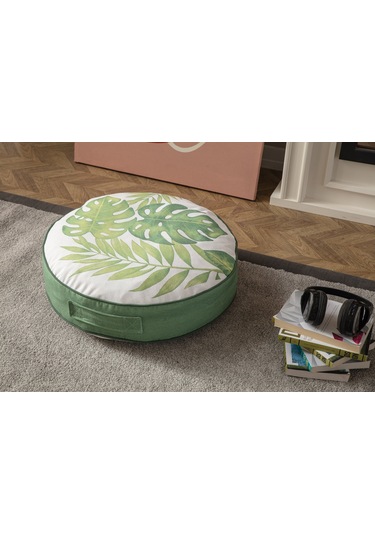Yeşil Bitki Ve Palmiye Desenli Puf Yer Minderi, 60x60 Cm, Balkon