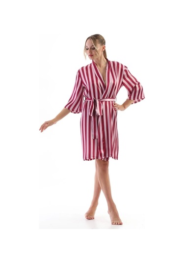 Laperissa Kadın Pembe Çizgili Saten Sabahlık Kuşaklı, Şık Ve Hafif Dokuma Ev Giyim Pembe