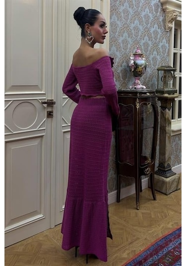 Madonna Yaka Derin Yırtmaç Etekli Şık Triko Takım 10099 Mürdüm